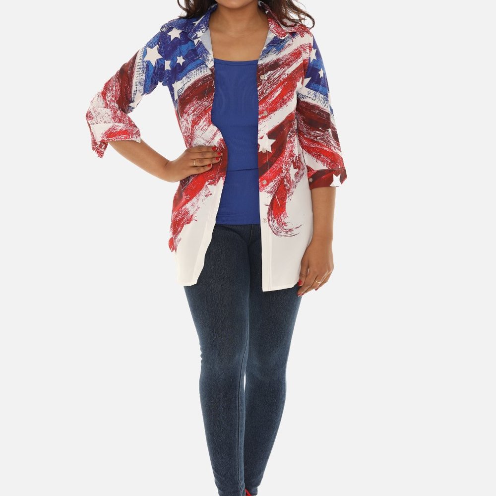 American Flag Print Button-Down Shirt for Women